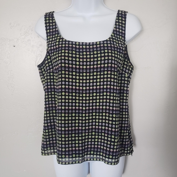 St. John Women's Small Black Sleeveless Blouse Colorful Circles Print Zip Side - Picture 1 of 8